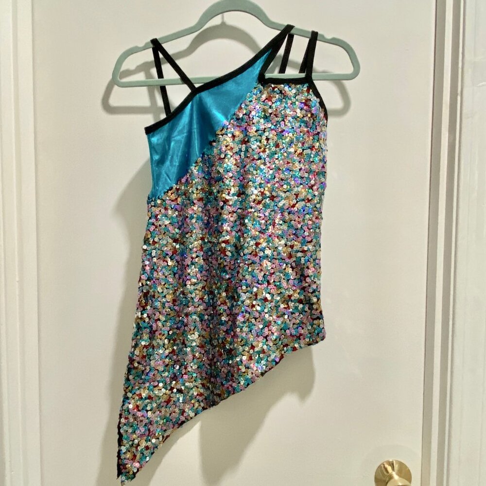 (9) Child Girl Curtain Call Assymetrical Hem Neckline Multi Sequin Tunic XL